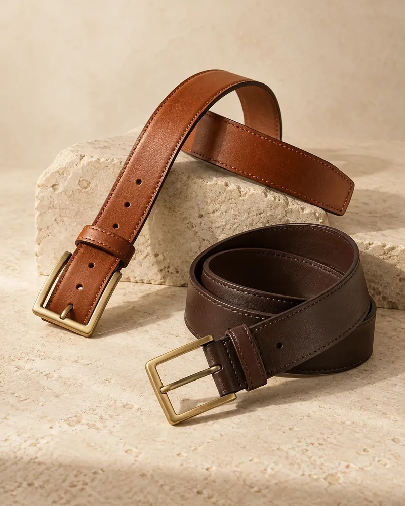 AI concept: tan and dark leather belts with metal buckles