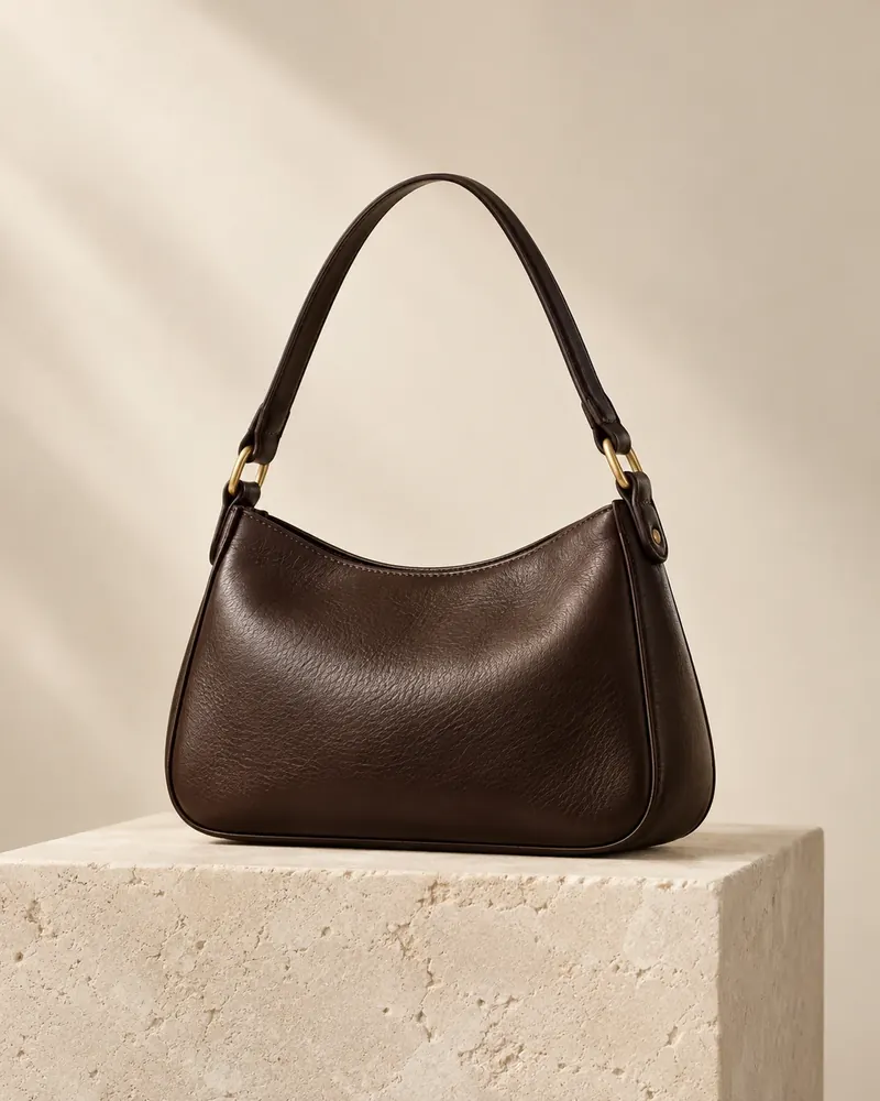 AI concept: sculptural dark brown leather handbag