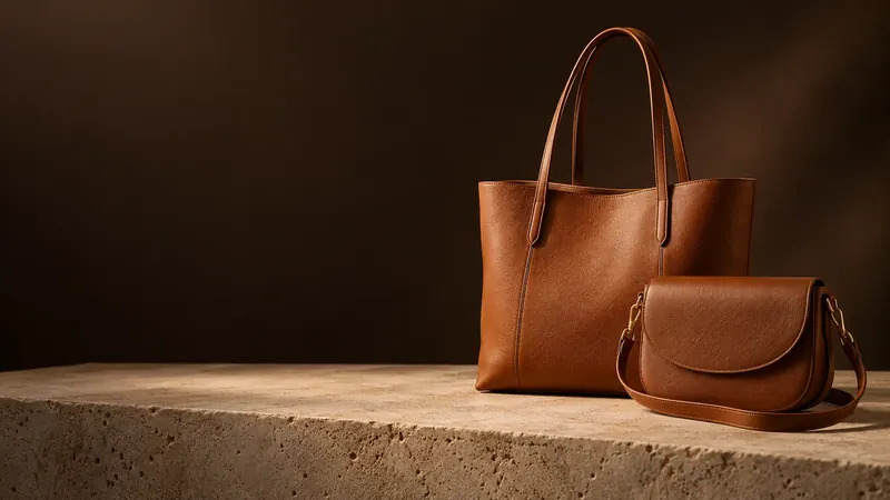 AI concept: cognac leather tote and crossbody bag on warm stone