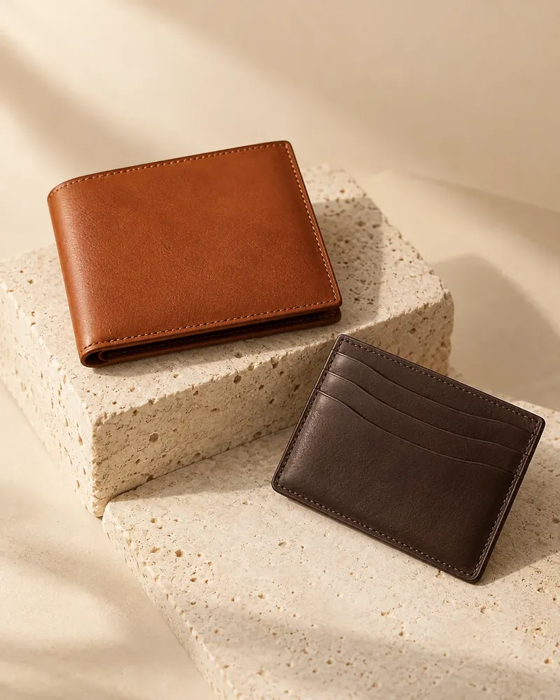AI concept: cognac leather wallet and dark cardholder